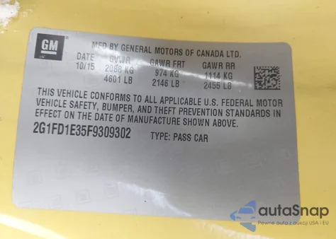 2015 Chevrolet Camaro 1Lt z USA, uszkodzony, nr VIN 2G1FD1E35F9309302